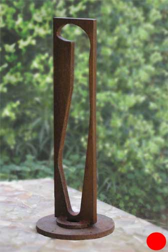 Metal Sculpture: Vertical cutout figure on circular metal base